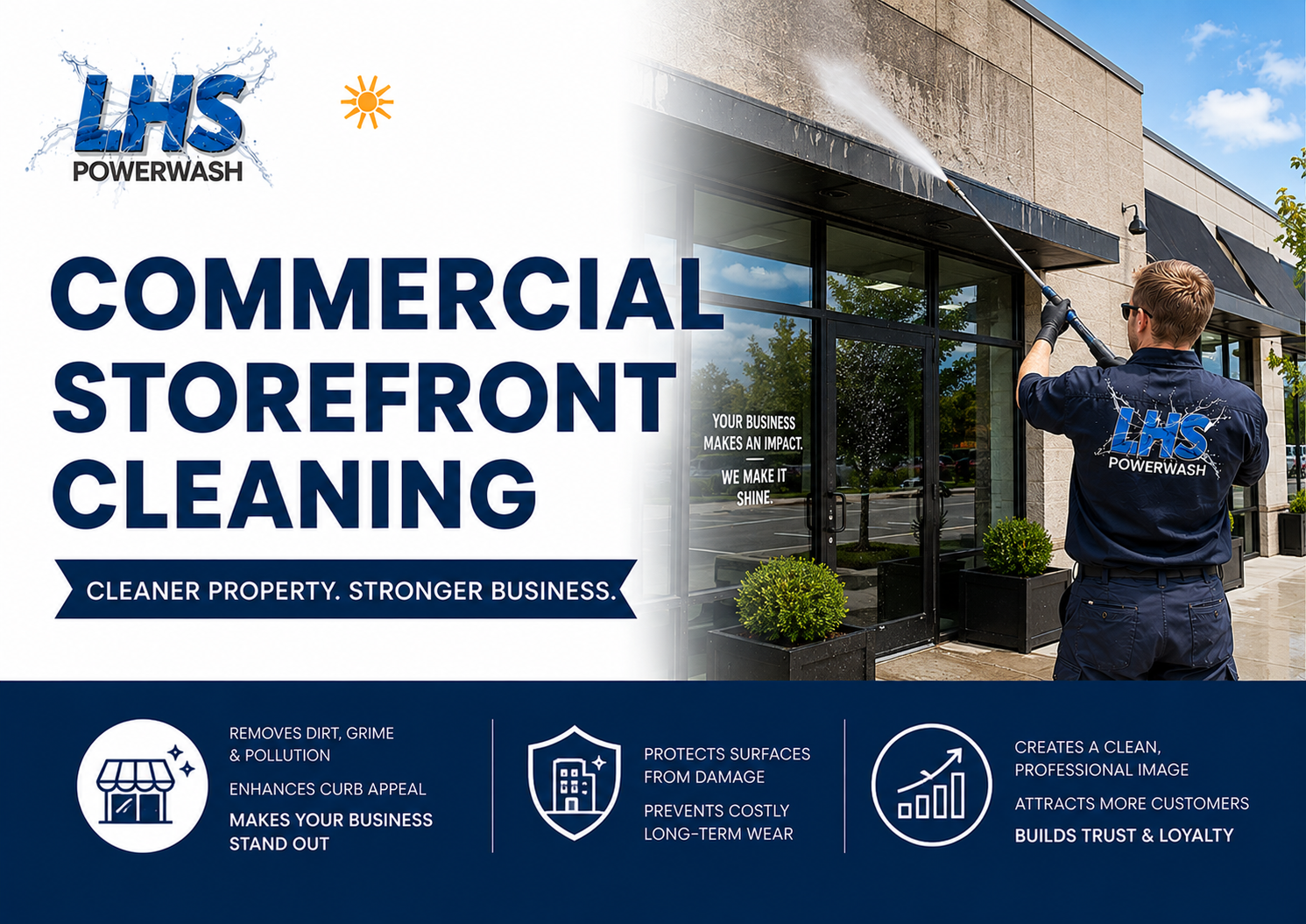 Before and after commercial storefront cleaning by LHS Powerwash