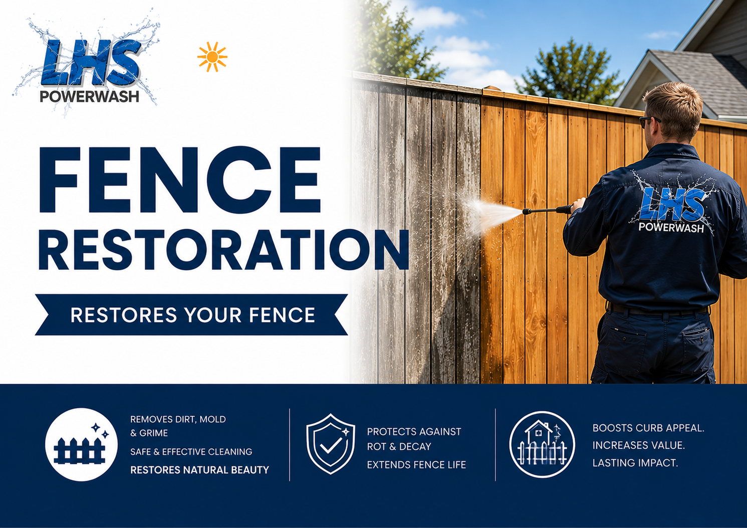 LHS Powerwash fence restoration before and after showing a wood fence brought back to like-new condition