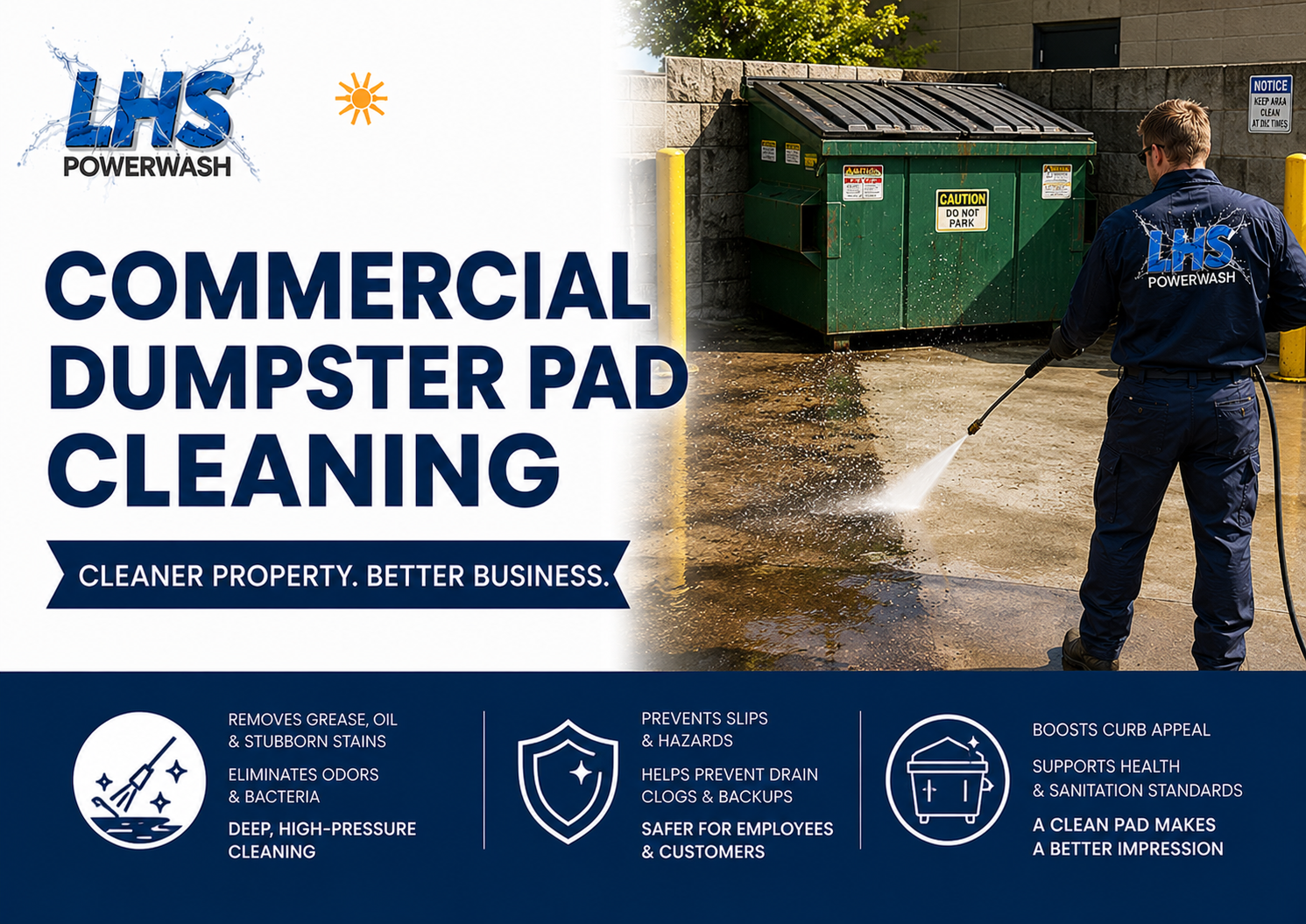 Before and after commercial trash and dumpster area sanitation by LHS Powerwash