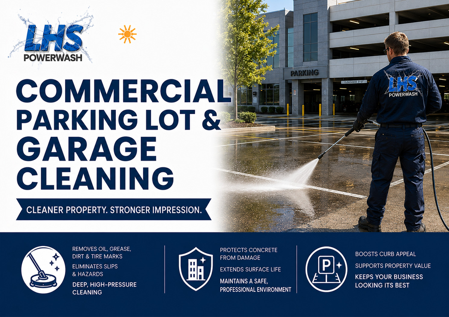 Before and after commercial garage floor cleaning by LHS Powerwash