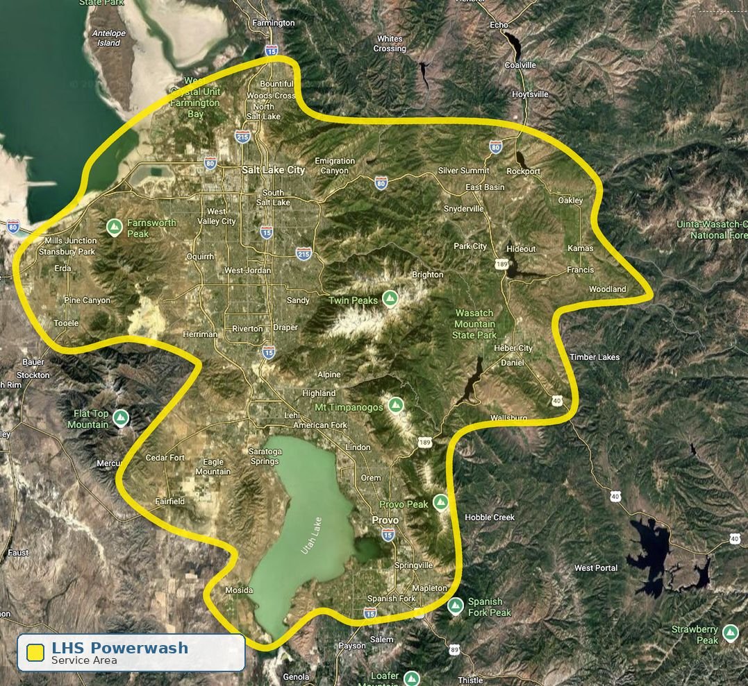 Map of LHS Powerwash's service area covering Salt Lake County, Utah County, and the Park City / Heber / Summit-Wasatch County region