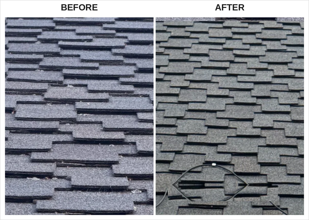 Before and after soft wash roof cleaning removing moss and black algae streaks in Centerville, UT by LHS Powerwash