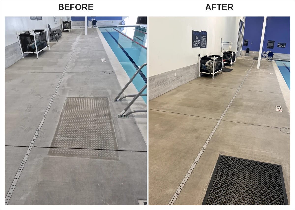 Before and after pool deck cleaning at a Spanish Fork commercial property by LHS Powerwash