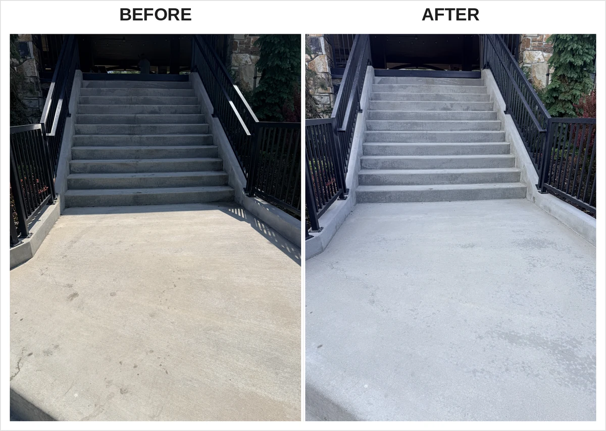 Before and after concrete and sidewalk cleaning by LHS Powerwash